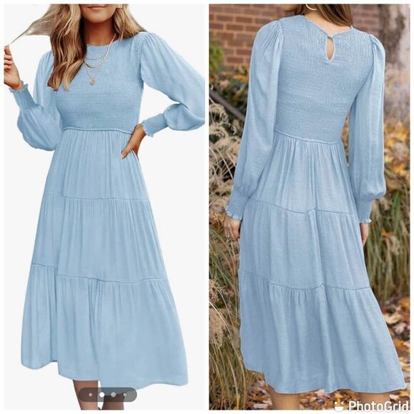 New Round Neck Long Sleeve Solid Color Maxi Dress Pleated Layered Swing - Picture 1 of 12